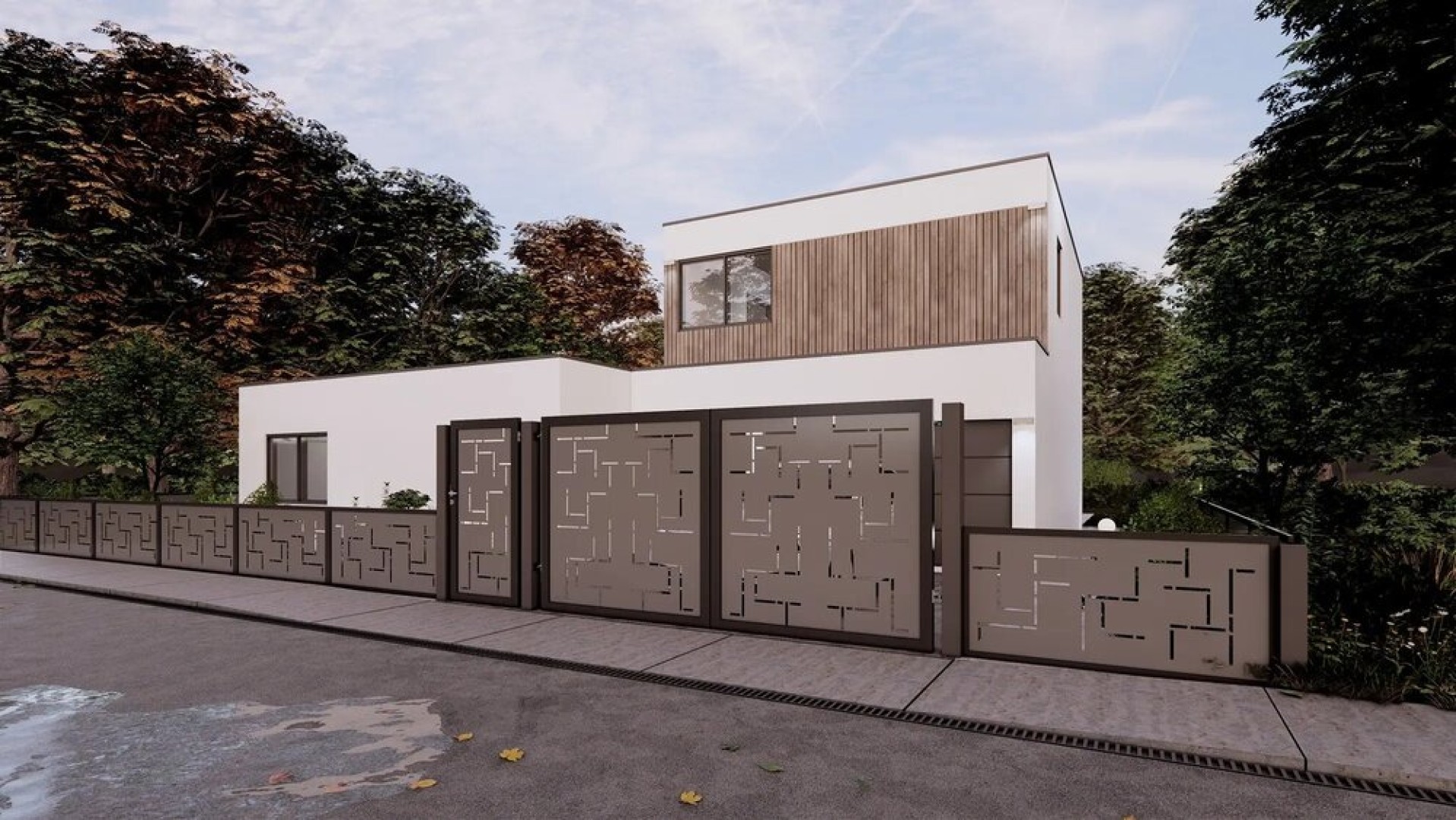 Moderní rodinný dům s ozdobným kovovým plotem NARVI s geometrickým vzorem.